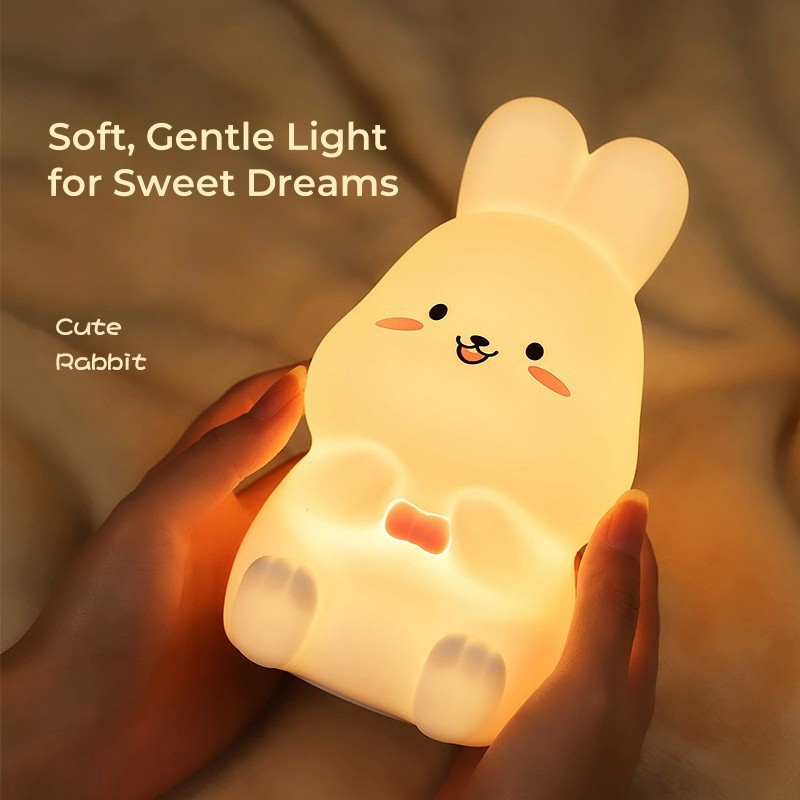 Lampu Malam Bunny Comel Untuk Kanak-kanak - Lampu Arnab Dengan 8 Mod Warna USB Boleh Dicas Semula Untuk Hadiah